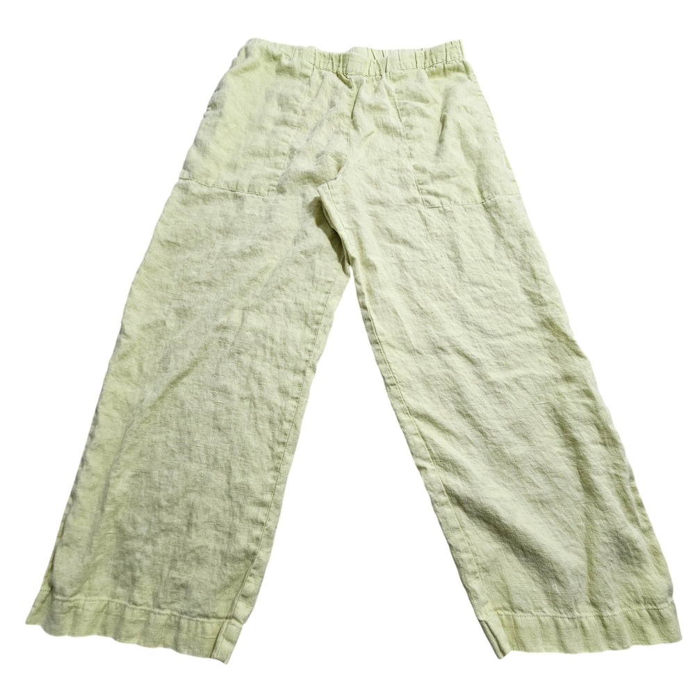 Chico's Design Linen Pants Womens 1 Lime Green Elastic Waist Wide Leg Straight
